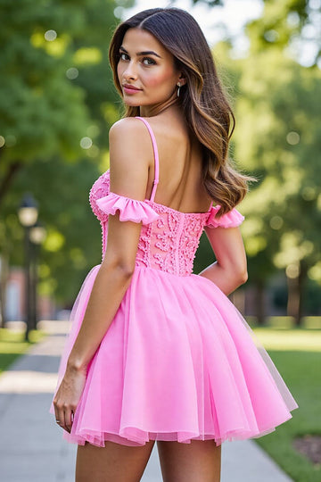 Ruffled Pink Corset Tulle Short Prom Dress with Appliques
